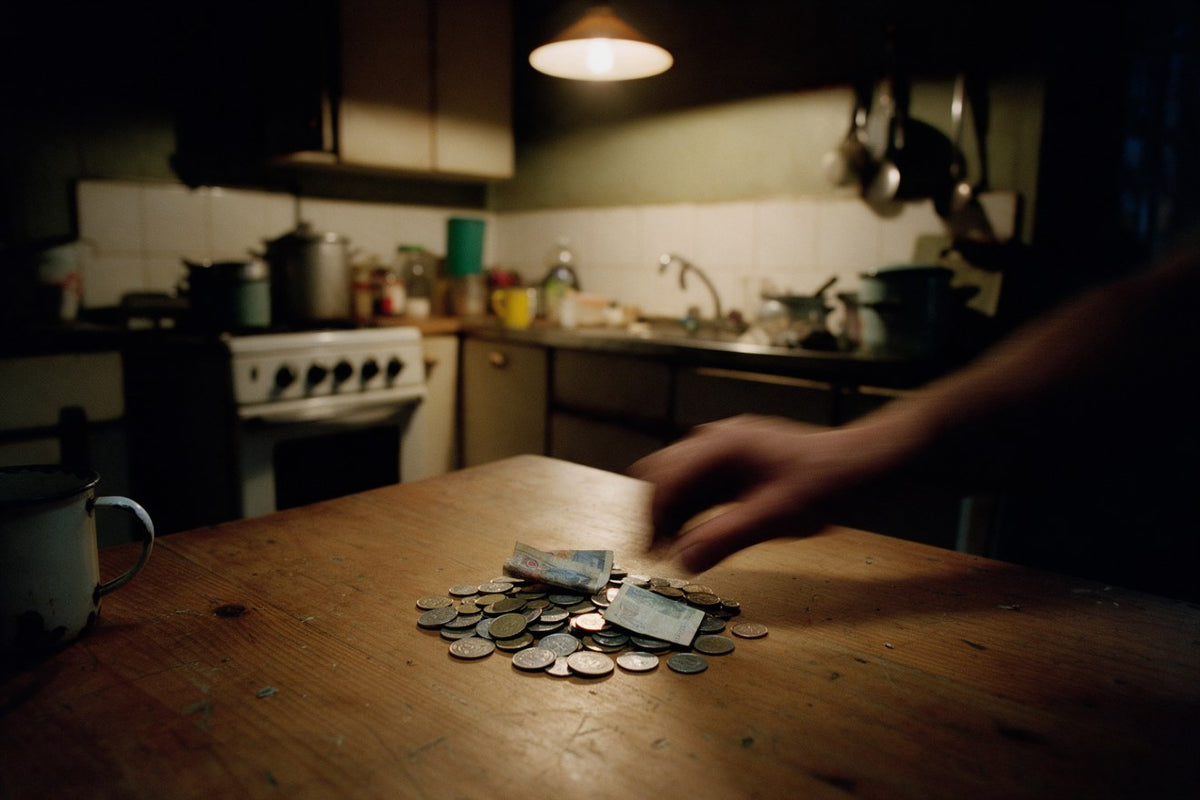 Notes and coins counted out on a kitchen table