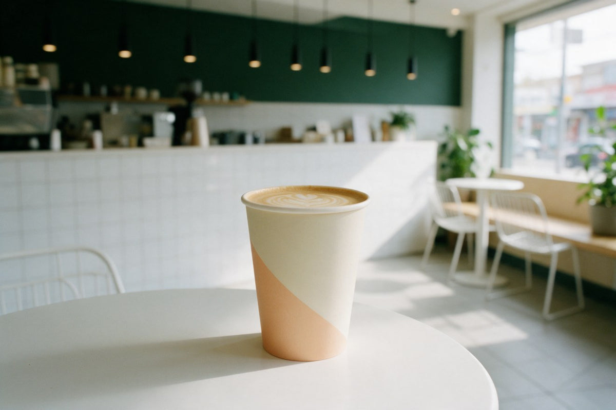A takeaway coffee on a café table in morning light