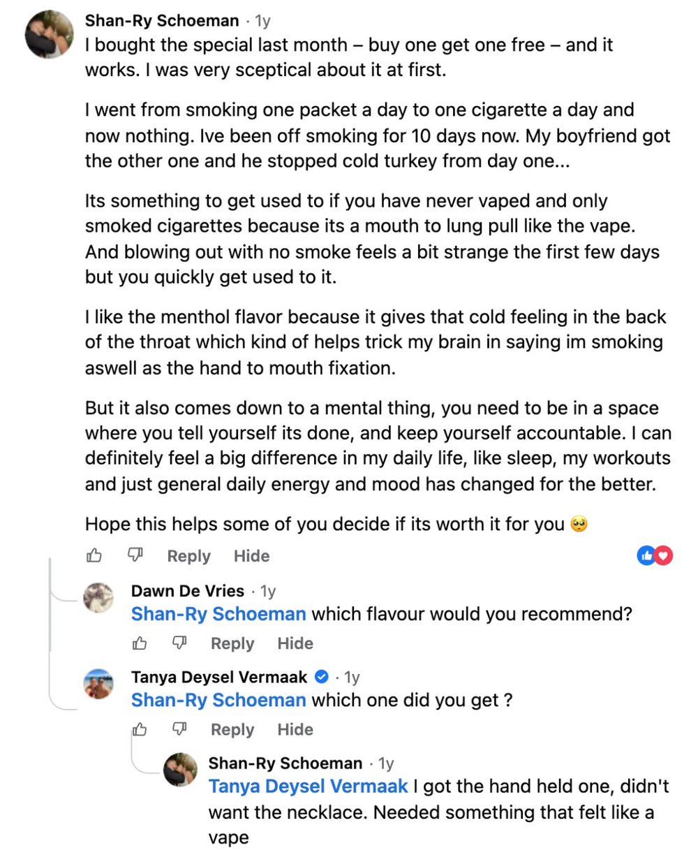 Screenshot of a Facebook comment by Shan-Ry Schoeman